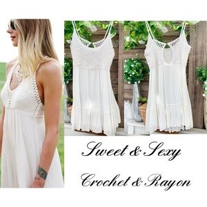 Crochet & Rayon White Beach  Sleeveless Mini dress